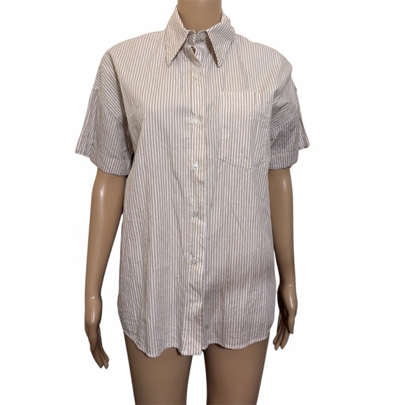 Lisa Says Gah Striped Button Down Shirt - White and Brown - Picture 4 of 8